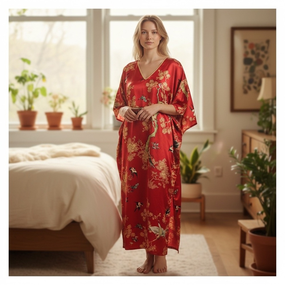 NATORI Red Satin Bird Branch Kaftan Dress XL Gold Floral Lounge Chinoiserie